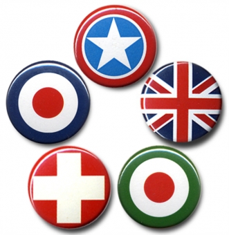 Flaggen - Swiss Cross - US Star - Union Jack - Royal Air Force - Button 5er Set  